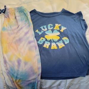 Lucky Brand Blue Tee and Pastel Tie-Dye Pants